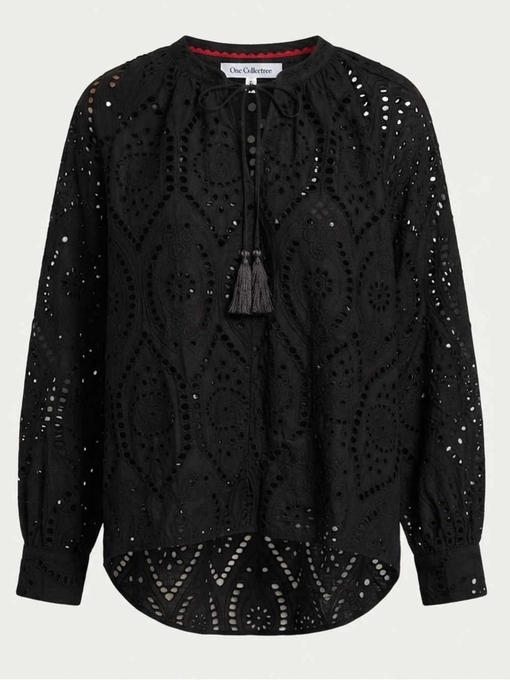 One Collective Black Eyelet Lace Boho Blouse Balloon Sleeve Tassel Tie Top M